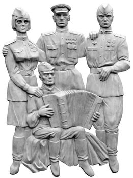 Monument with soviet ww2 veterans singing accompanied with accordion
