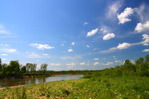 summer landscape with river under blue sky