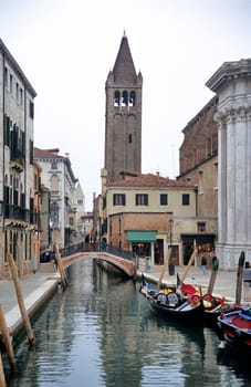 Barnaba bridge in Venice, Italy on a rainy spring day.