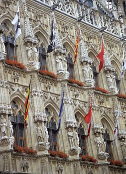 Close up of the ornate city hall in Leuven, Belgium. 