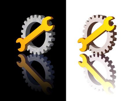wrench and gear logo on black and white background - 3d illustration