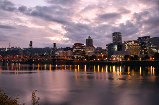 Portland Downtown Skyline at Dusk by Willamette River