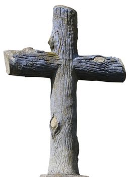 Isolated stony christian cross styled as mature wooden logs