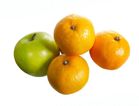 three oranges and a apple isolated over white