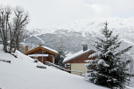 Ski resort Chalet after snow storm