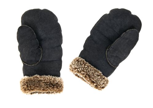 Warm black leather mittens on white background.