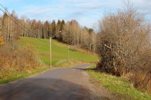 A dirt road leading around a bend, with some bushes in the forground and autumn-clad trees in the background.
