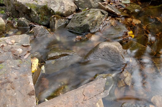 A soft-focus image of motion-blurred water flowing through moss covered stones in a forest creek. Yellow autumn leaves are visible through the water and cling to the stones.
