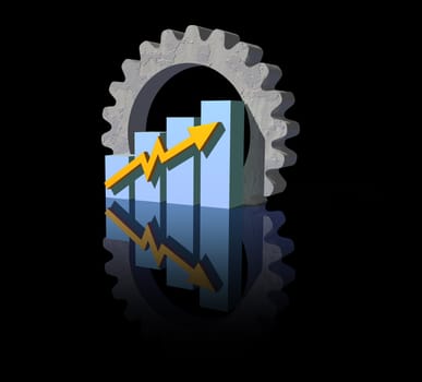 business graph and gear on black background - 3d illustration