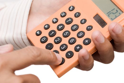 Business man use calculating machine on white background.