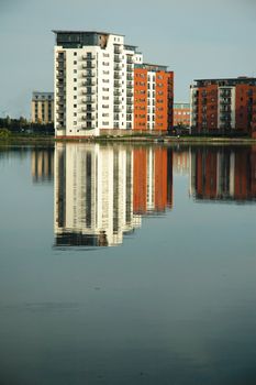 reflection of building at Cardiff bay, vertically framed shot