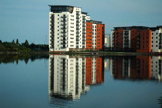 reflection of building at Cardiff bay, horizontally framed shot