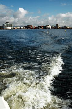 a view at Cardiff Bay from sea with waves