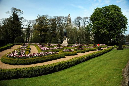 Cardiff spring park with bed of flowers