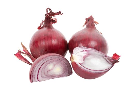 red onions full and peaces, isolated on white