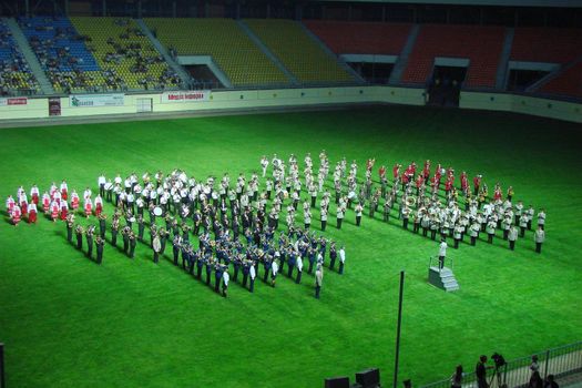 military orchestra band Marching and playing on green grass field