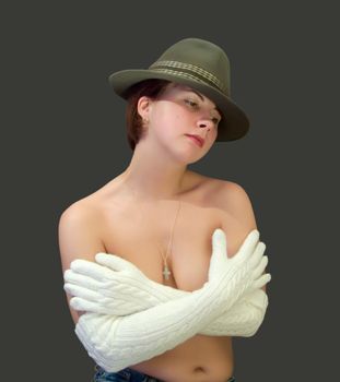 Girl in white gloves on a grey background 