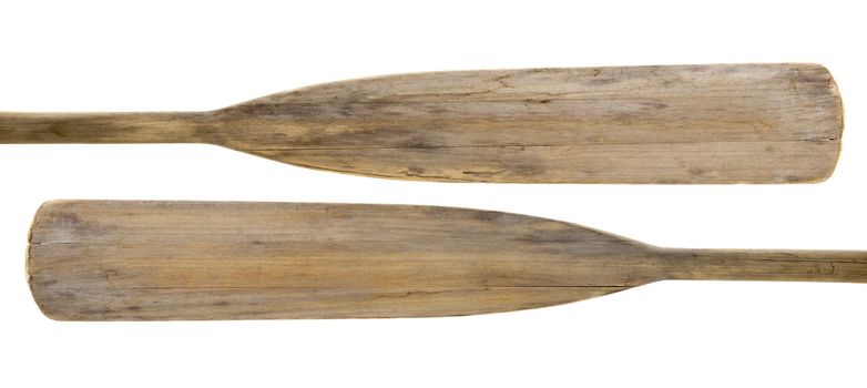 blades of old wooden weathered paddles (oars) with stains and cracks, isolated on white