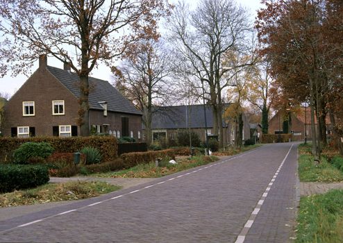 A stretch of road in a rural village of the Netherlands in the autumn.
