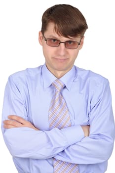 A skeptical young man in spectacles on white background