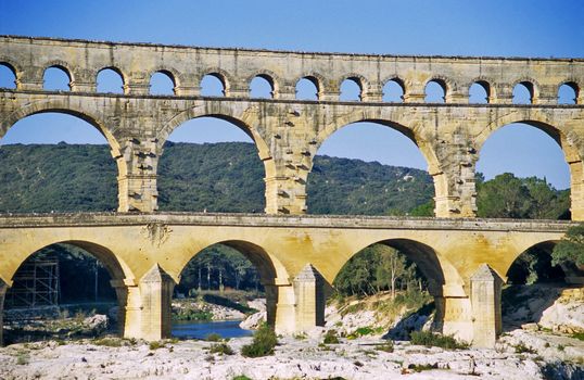 Detail of the ancient roman Pont du Gard aqueduct, Provence, France.