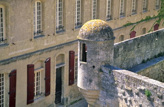 A look out tower in the Tour de Constance at the walled city of Aigues-Mortes "Place of Dead Waters" in Provence, France.