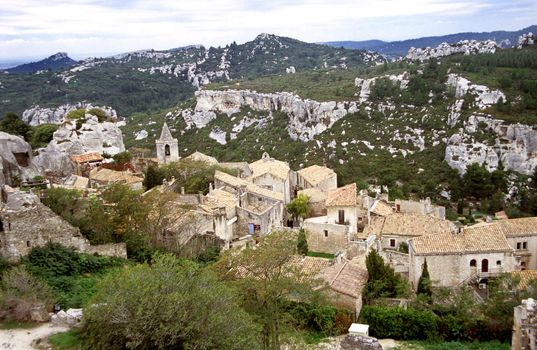 The tiny ancient village of Les-Baux-de-Provence was protected by a huge fortress. Now it is a popular tourist destination. 