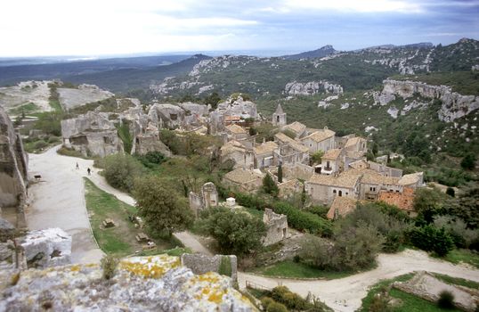 The tiny ancient village of Les-Baux-de-Provence was protected by a huge fortress. Now it is a popular tourist destination.