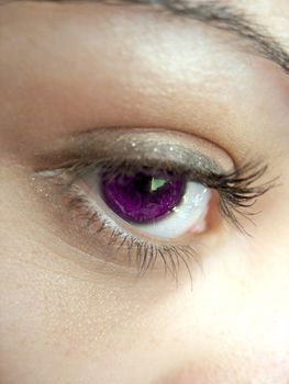 A macro shot of a woman's purple eye and lashes - shallow depth of field.