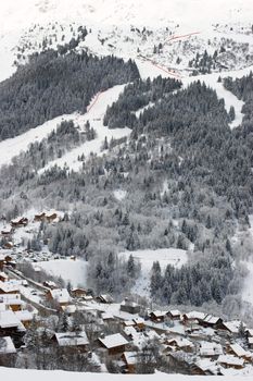 A view of the Meribel ski resort after snow storm