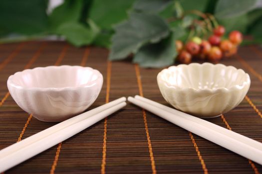 Set of the Japanese ware removed on a dark bamboo napkin