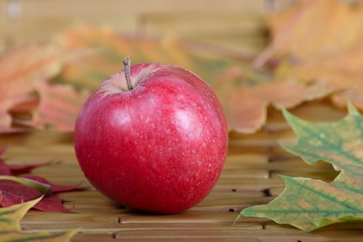 The red apple which has been removed on a bamboo napkin in an environment of autumn leaves