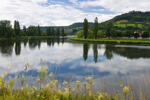 Landscape with river, hills, trees, and flowers in summer 