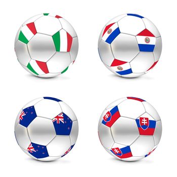 four footballs/soccer balls with the flags of Italy, Paraguay, New Zealand and Slovakia - world championship South Africa 2010 group F