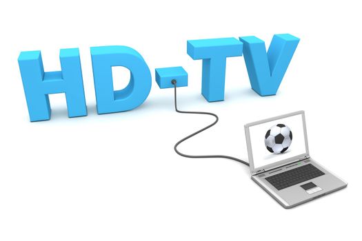 a laptop is connected to the blue word HD-TV - watching football or soccer online - a fancy football on the screen