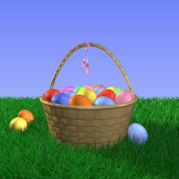 3D scene of an easter basket and eggs.