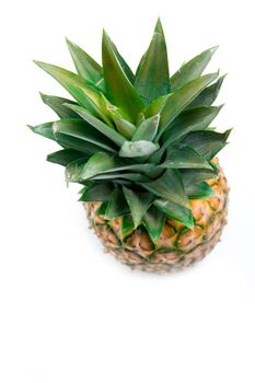 Ripe pineapple with fresh green leaves. Top view.