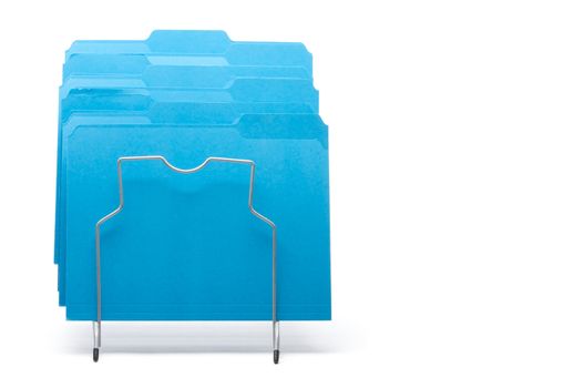 Blue File Folders in Rack Isolated on a White background. Labels ready for your own text.