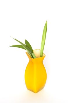 Nice modern yellow vase with green plant isolated on white background