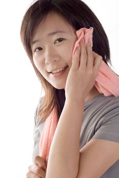 Sport woman use towel after excise on white background.