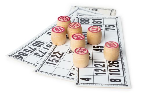 Kegs for bingo on cards, isolated on white background
