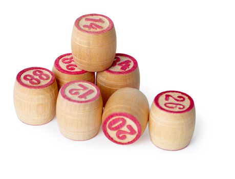 Wooden kegs for bingo isolated on white background