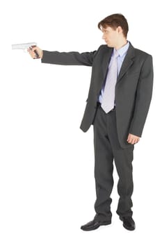 Businessman aiming a gun, isolated on a white background