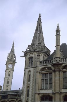 Clock tower details in historic Ghent, Belgium. 