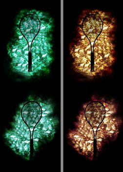 four tennis rackets on 4 different golden and green backgrounds