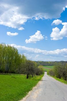 Srping rural landscape with road, green field and blue sky with clouds