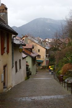 Rainy day at medieval town of Annecy, France