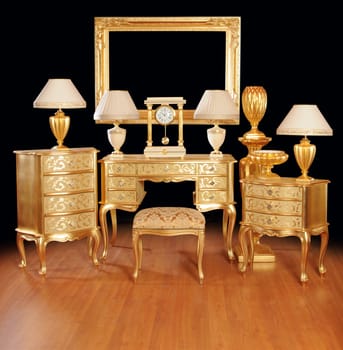 Luxurious interior items. Tables, cabinets, lamps, ottoman