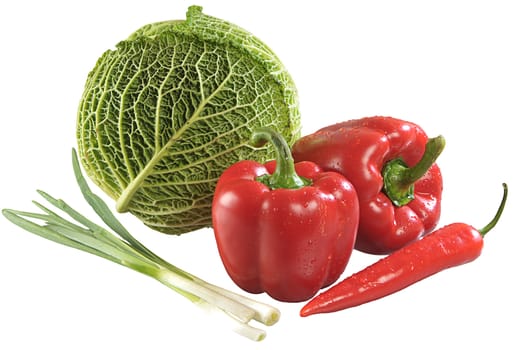 Cabbage, paprika, red pepper and spring onion in white background