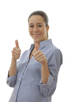 Smart smiling business woman with two thumbs held up on a white background